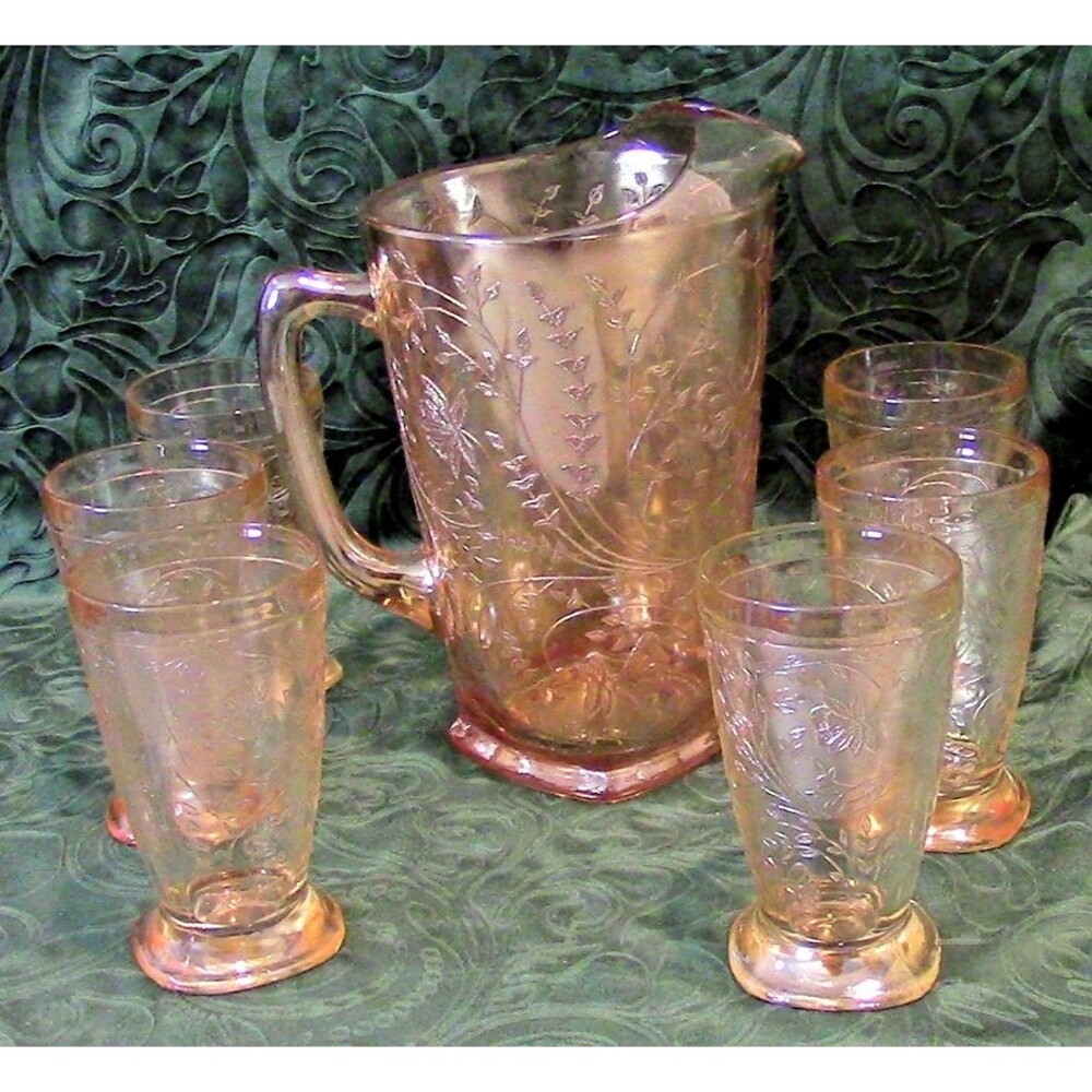 7 Pc Set Vintage Floragold Iridescent Jeannette Glass Louisa Pitcher 6 Tumblers